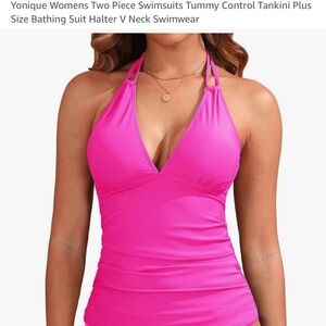 Pink Halter V-Neck Tankini Swimsuit/Size M